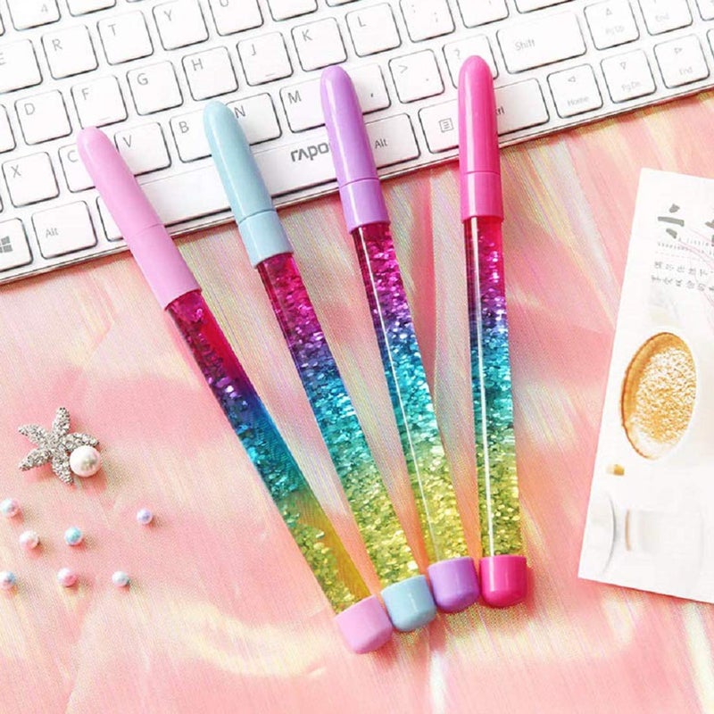 queenland 4 Pack Bling Rainbow Liquid Sand Gel Ink Pen Glitter Fairy Stick Ballpoint Pen Crystal Pens Rollerball Pens Student Pens for Kids Girls Gift Stationery School Office Supplies (Blue Ink) - Image 1